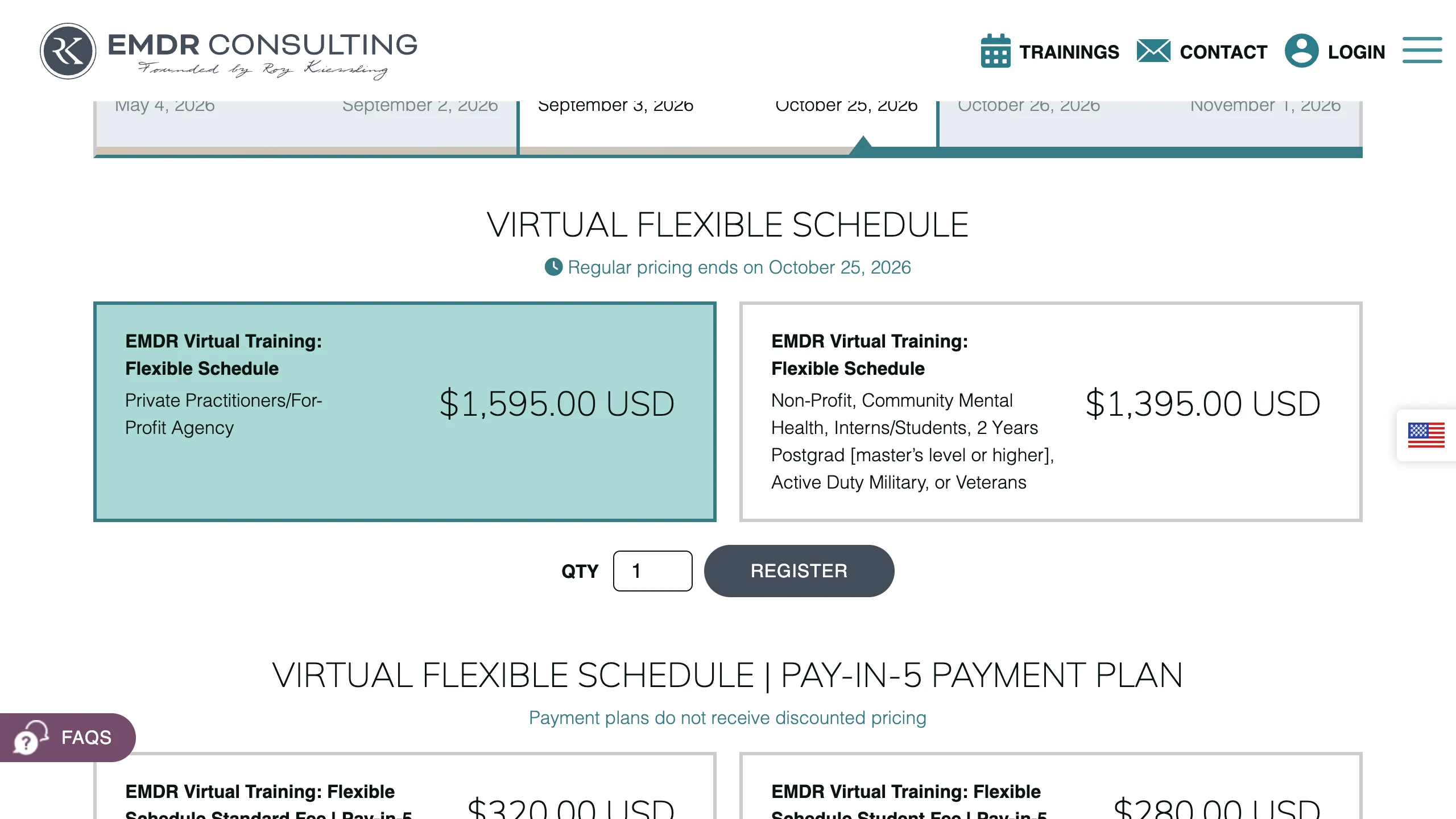 Training registration options with standard and discounted rates, quantity, and a Register button.
