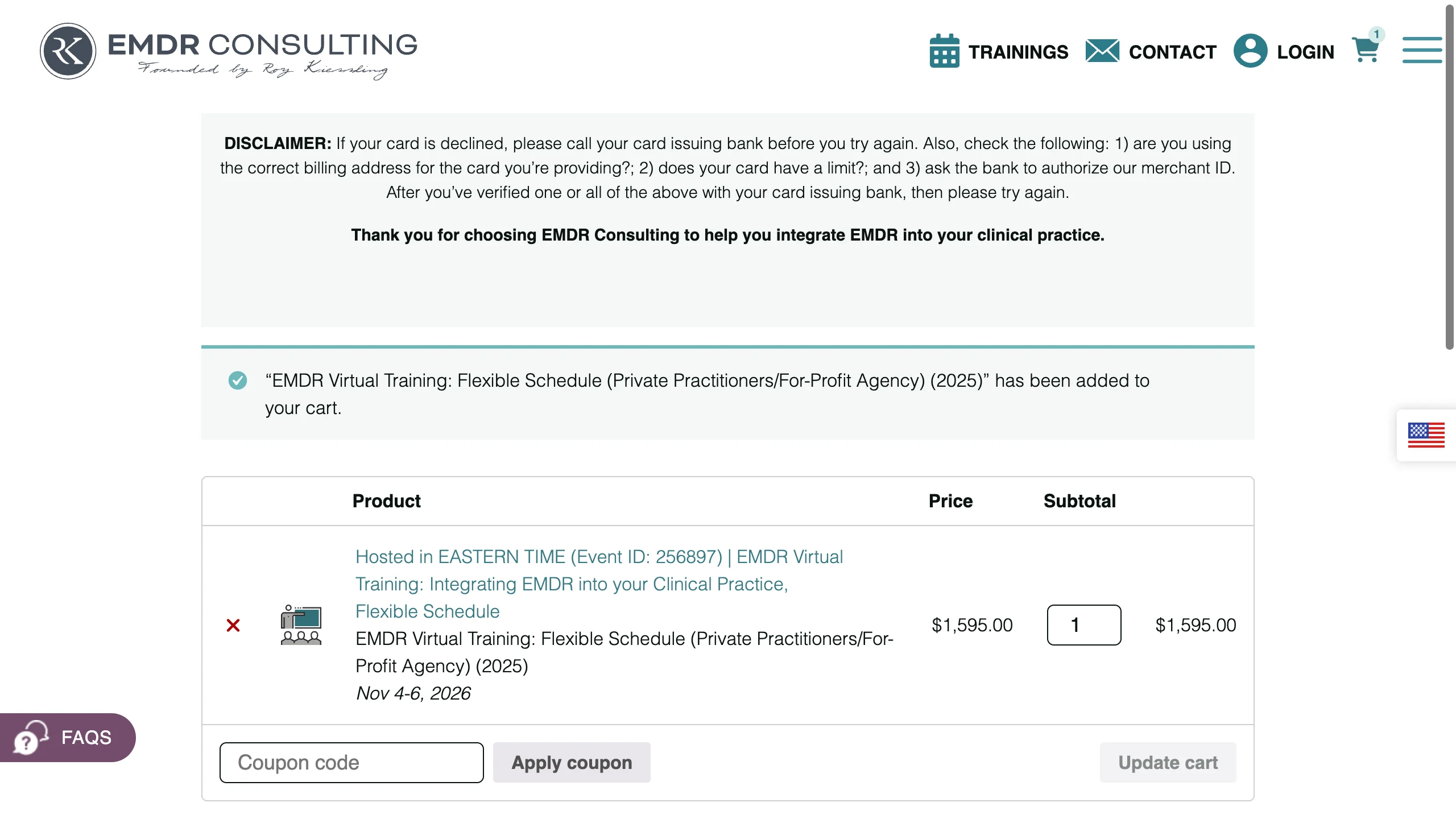 Cart showing the selected virtual training, event dates, quantity, price, and coupon field.