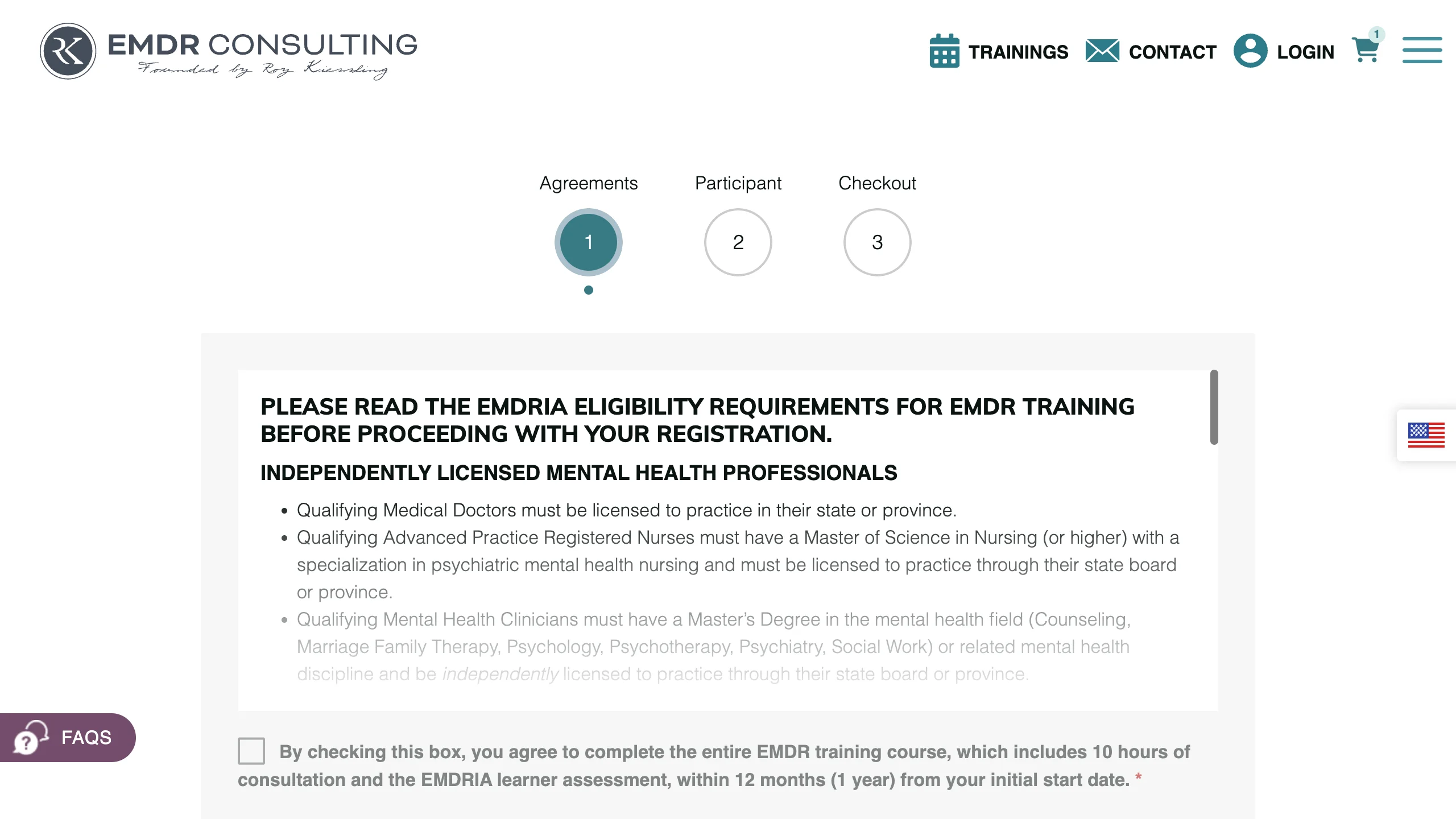 First checkout stage showing eligibility requirements in a scrollable agreement panel.