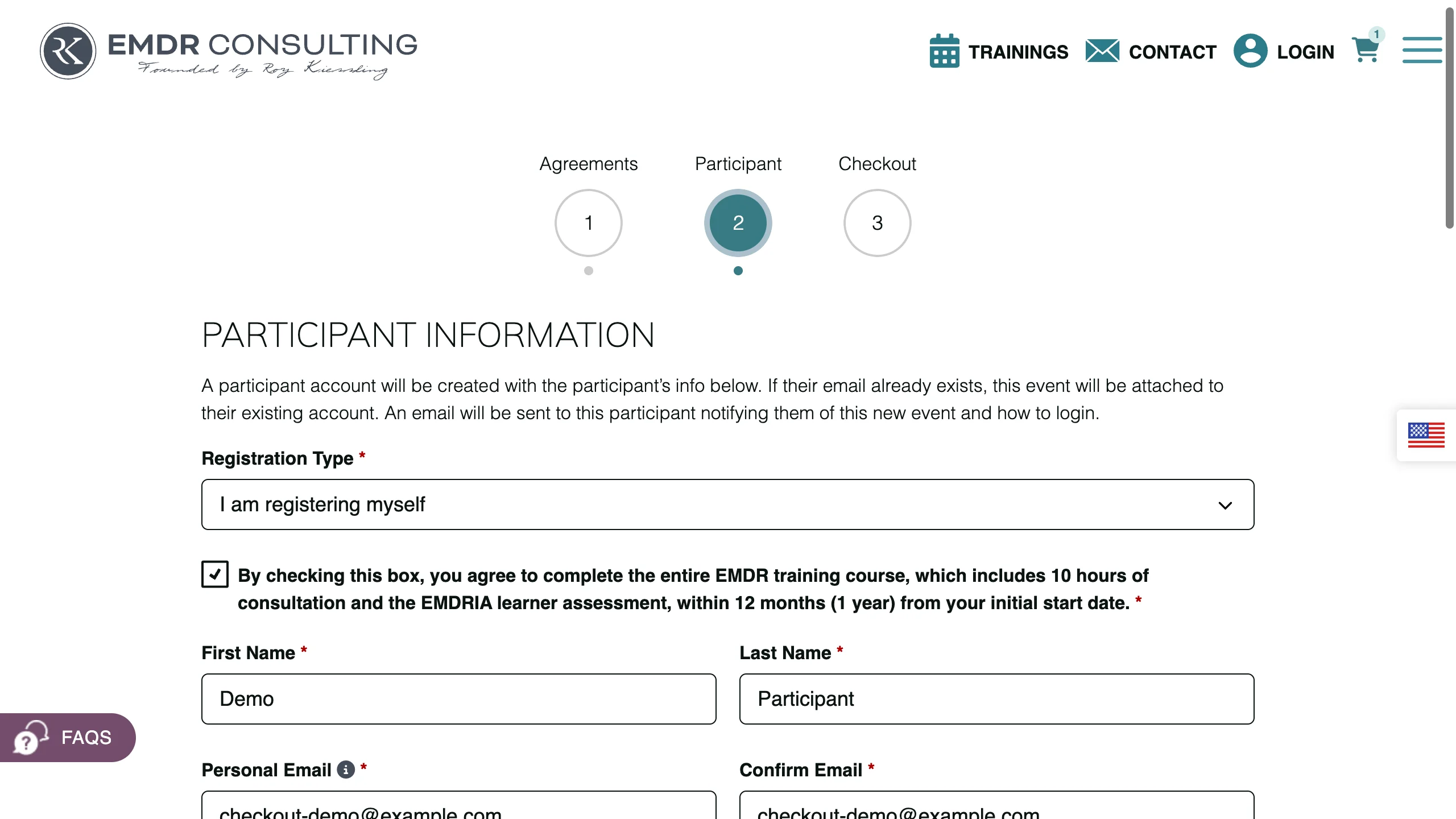 EMDR Consulting checkout showing the Agreements, Participant, and Checkout stages above a participant form filled with demo details.