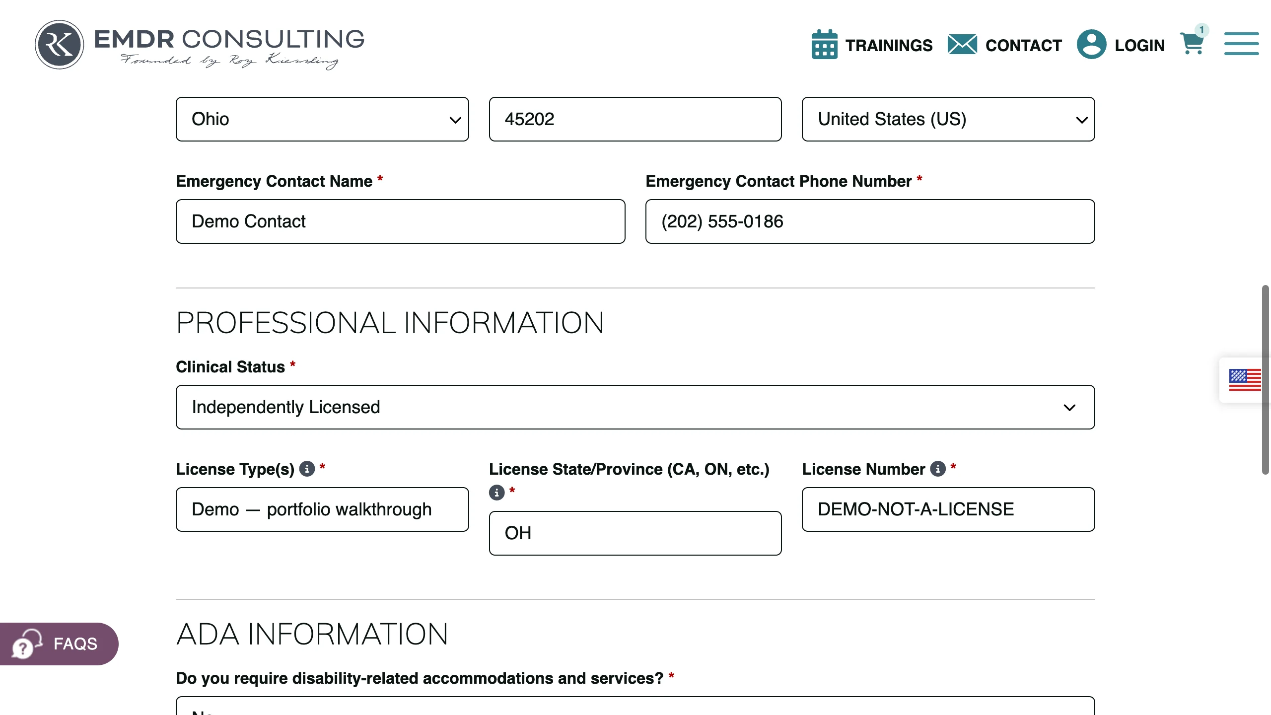 Professional information and accommodation fields in the participant registration form.