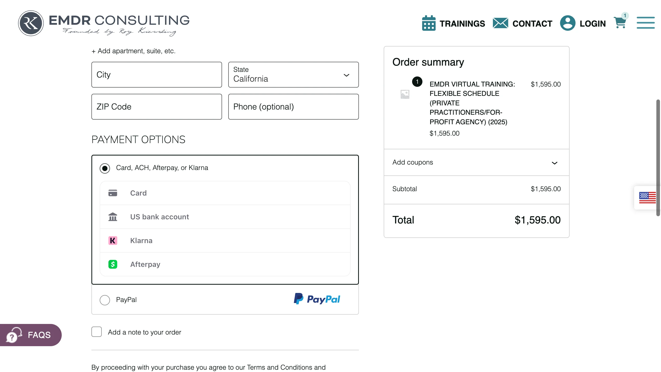 Final checkout stage showing billing fields, payment choices, and the order summary and total.