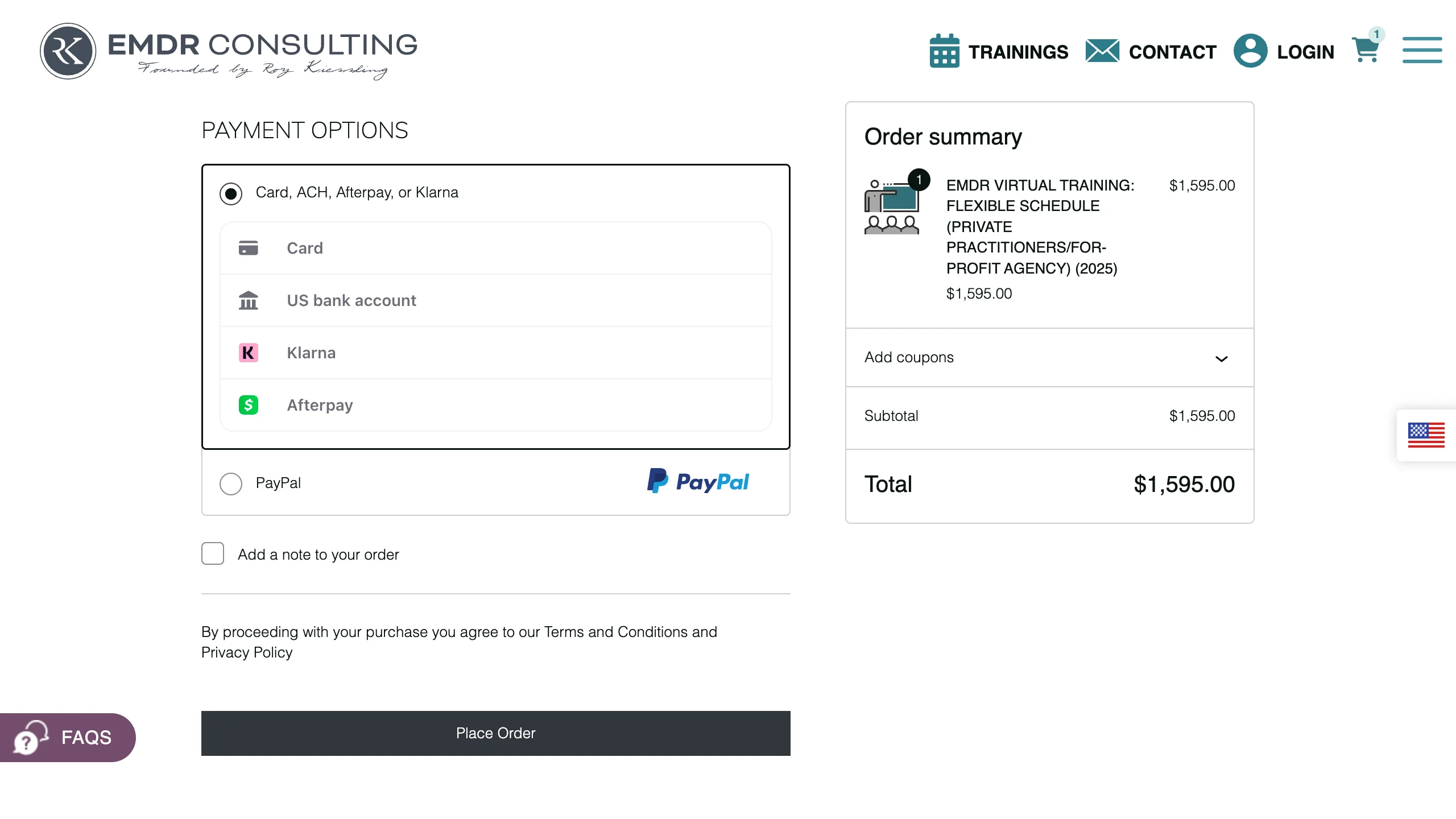 Final checkout payment section showing Card, US bank account, Klarna, Afterpay, and PayPal options beside the order total and above Place Order.