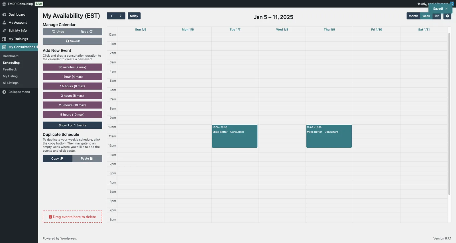 Weekly availability calendar in the consultant dashboard, with a list of session lengths to drag onto the calendar and two sessions already placed.