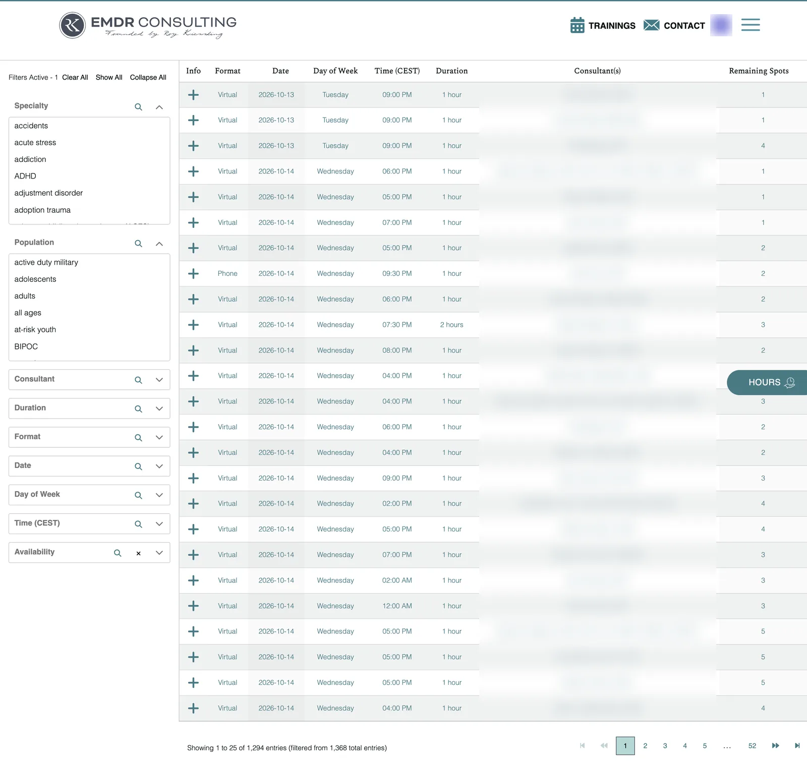 Public consultation calendar, a table of sessions with filters for specialty, population, consultant, duration, format, date and availability. The consultant column is blurred.