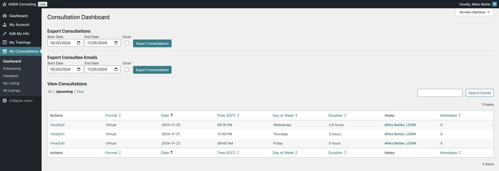 Consultation dashboard listing a consultant's upcoming sessions, with date-range exports above the table.