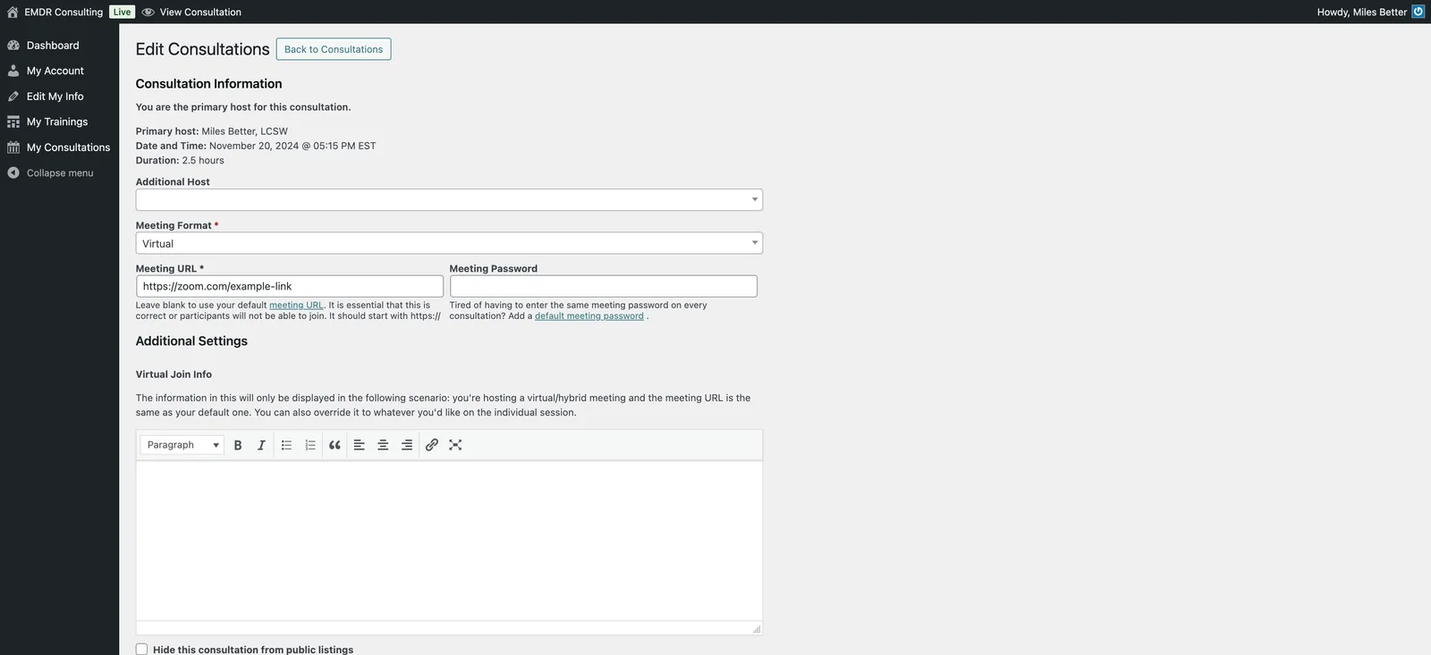 Edit screen for one session with fields for an additional host, meeting format, meeting link and password.