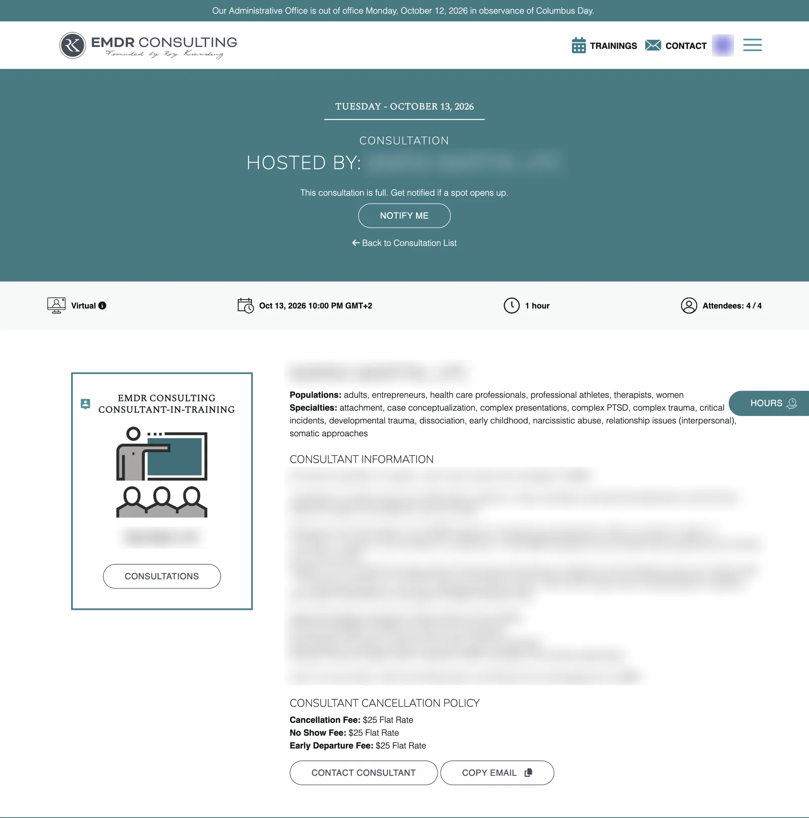 Page for a single consultation session showing the date, length, attendee count, the consultant's profile and cancellation fees, with the consultant's name and bio blurred.