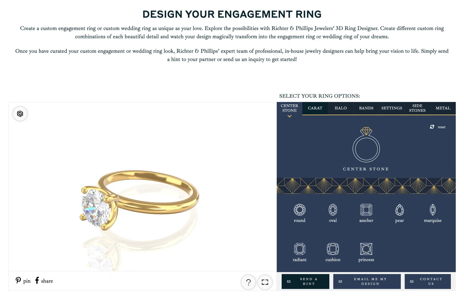 Ring designer on desktop, with a 3D preview of a gold solitaire ring on the left and a panel of center stone shapes on the right.