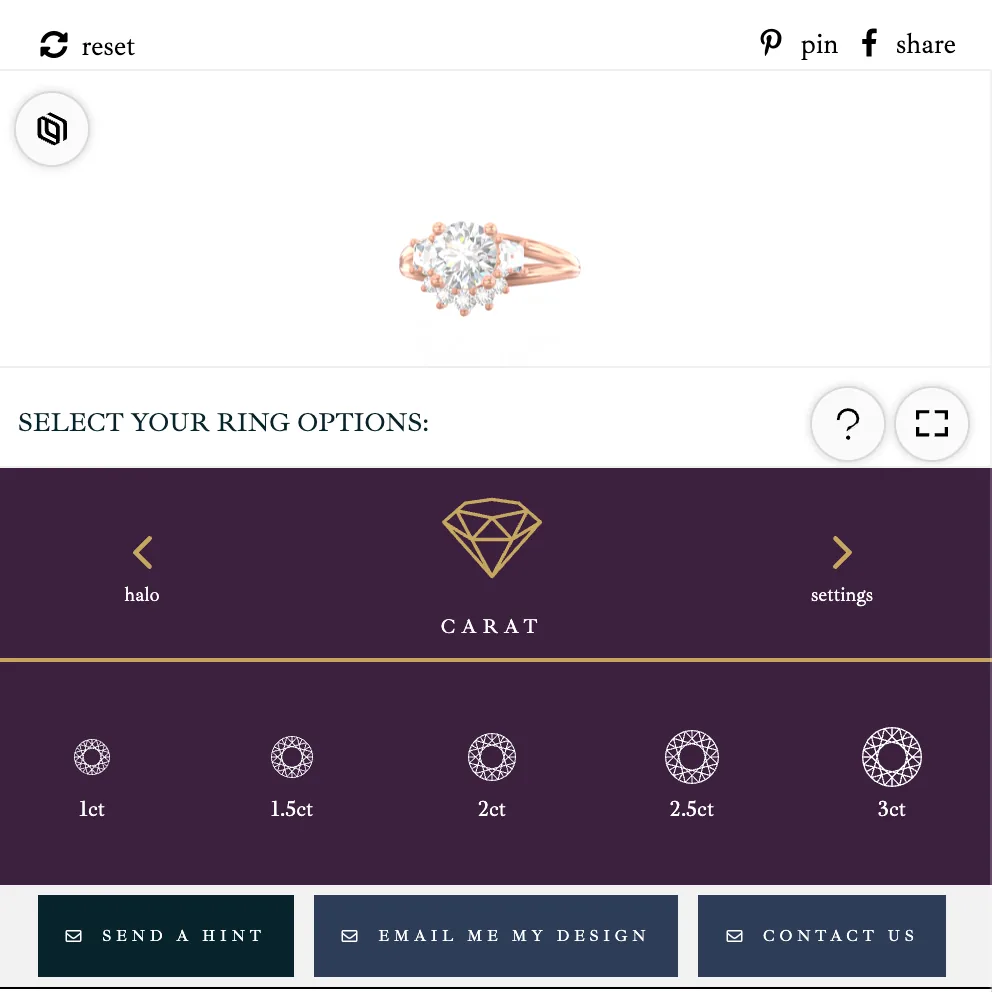 Ring designer at phone width, with the ring preview above a carat size selector and previous and next arrows for the other option groups.
