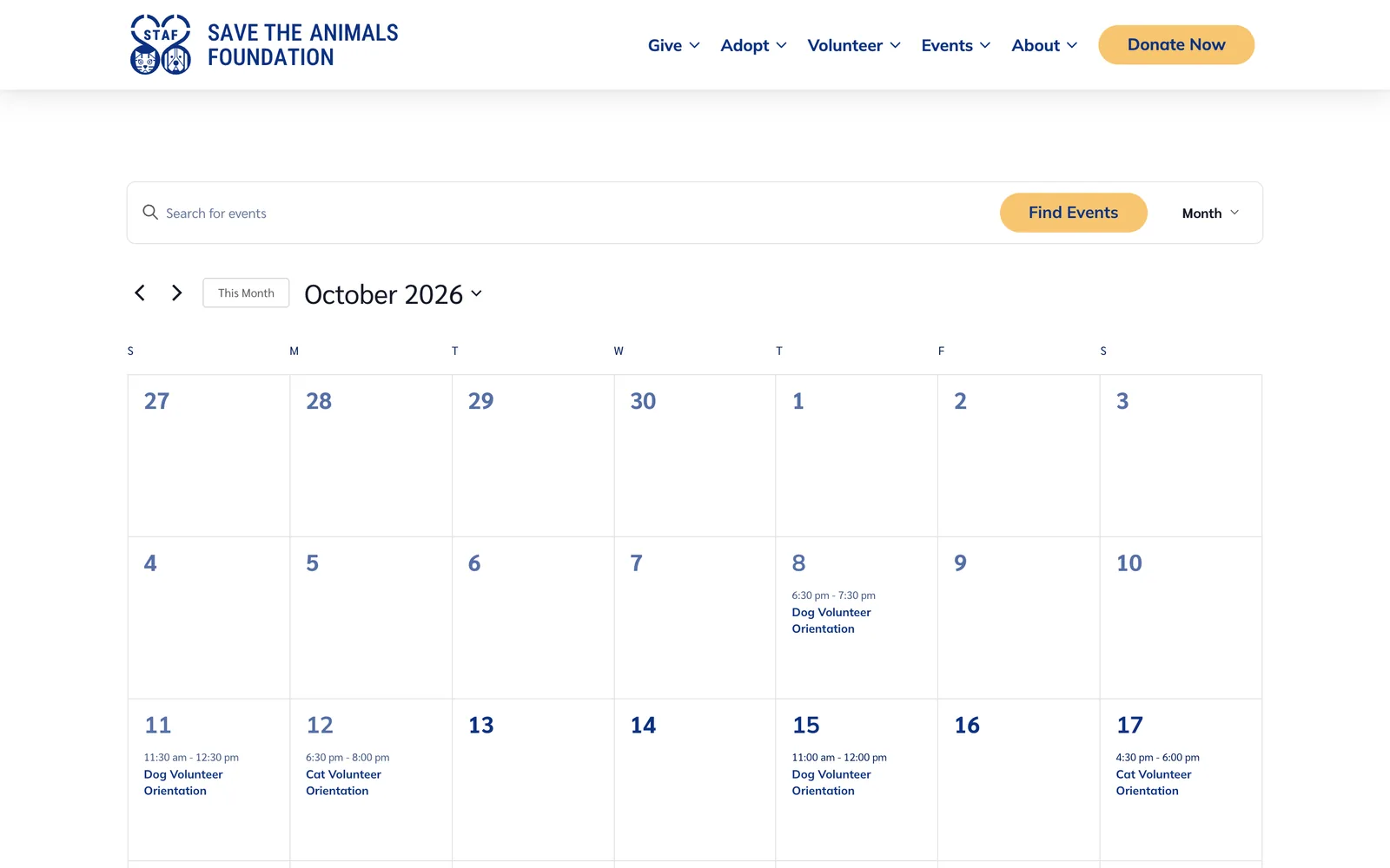 Events calendar for October 2026 listing dog and cat volunteer orientations.