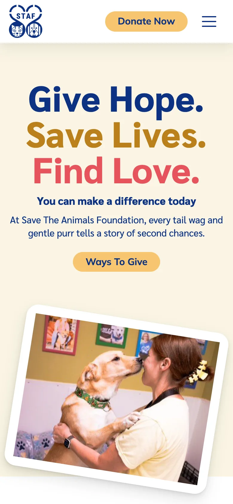 The home page at phone width, with the headline stacked above the photo.